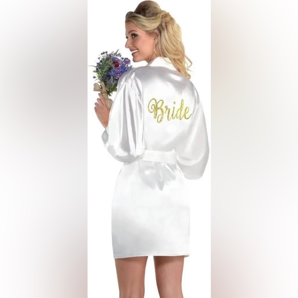 White Satin Bride Robe with Gold Embroidery